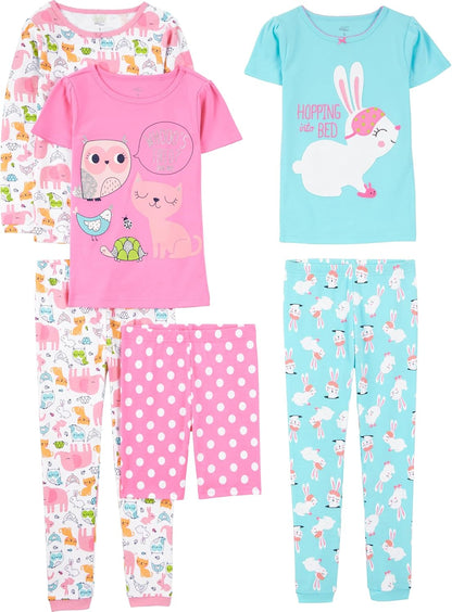 Girls Cotton Pajama Set 6-Piece - Snug Fit PJ Pack for Babies Toddlers Blue Bunny Pink Dots White Forest Animals
