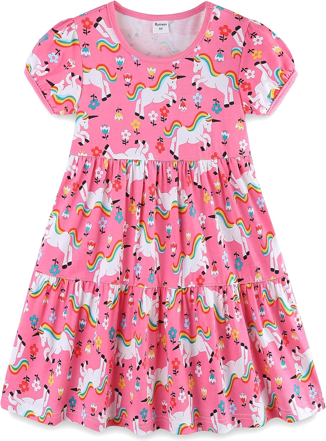 Girls Cotton Dress - Ruffle Sleeve Tiered A-Line Midi Sundress Pink Unicorns