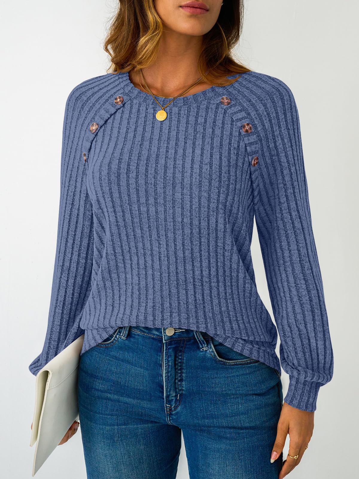 Women's Long Sleeve Tops - Fall Lightweight Sweaters with Shoulder Buttons