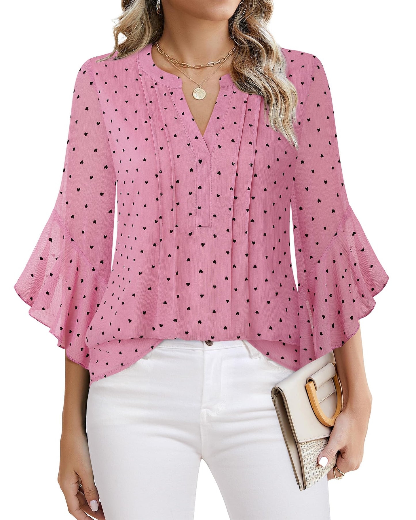 Beautiful Blouses For Ladies - Women's 3/4 Sleeve Chiffon Blouse Dressy Business Casual Work Shirt