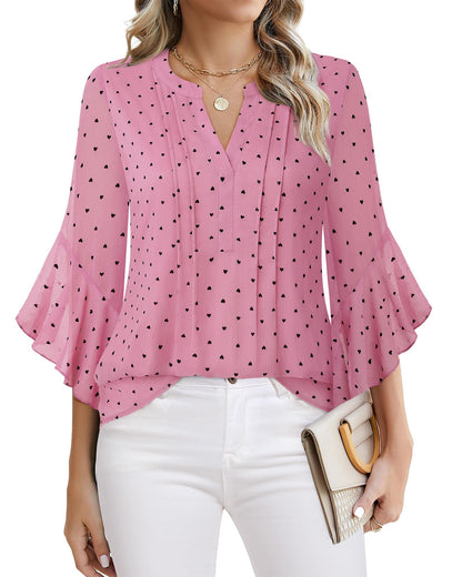 Beautiful Blouses For Ladies - Women's 3/4 Sleeve Chiffon Blouse Dressy Business Casual Work Shirt Heart Pink