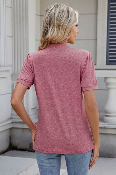 Notched Short Sleeve Solid Color Top