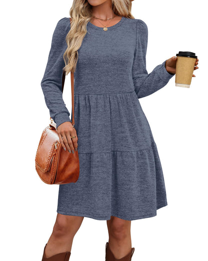 Women's Long Sleeve Fall Dresses with Pockets - Crew Neck Babydoll Casual Dress
