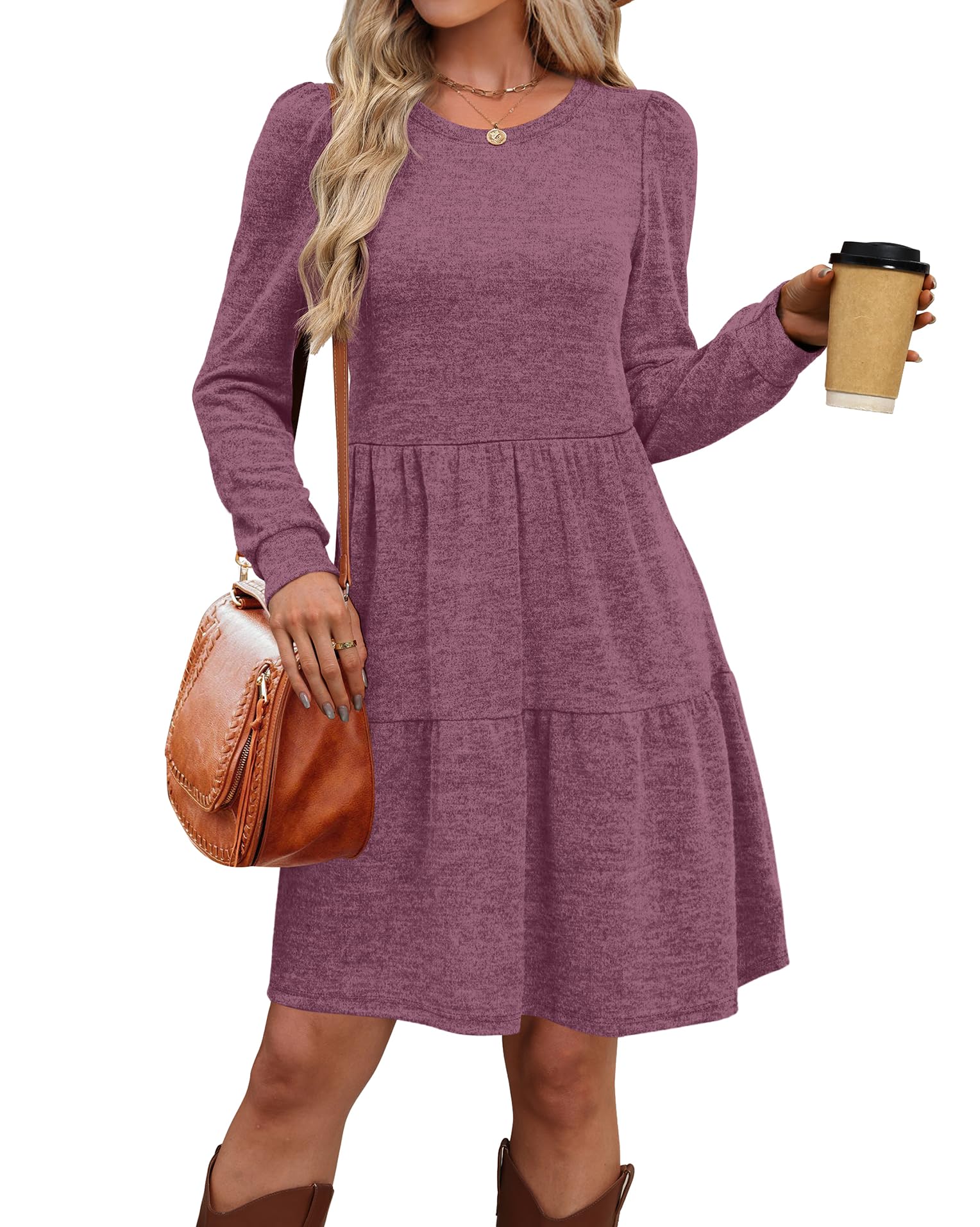 Women's Long Sleeve Fall Dresses with Pockets - Crew Neck Babydoll Casual Dress