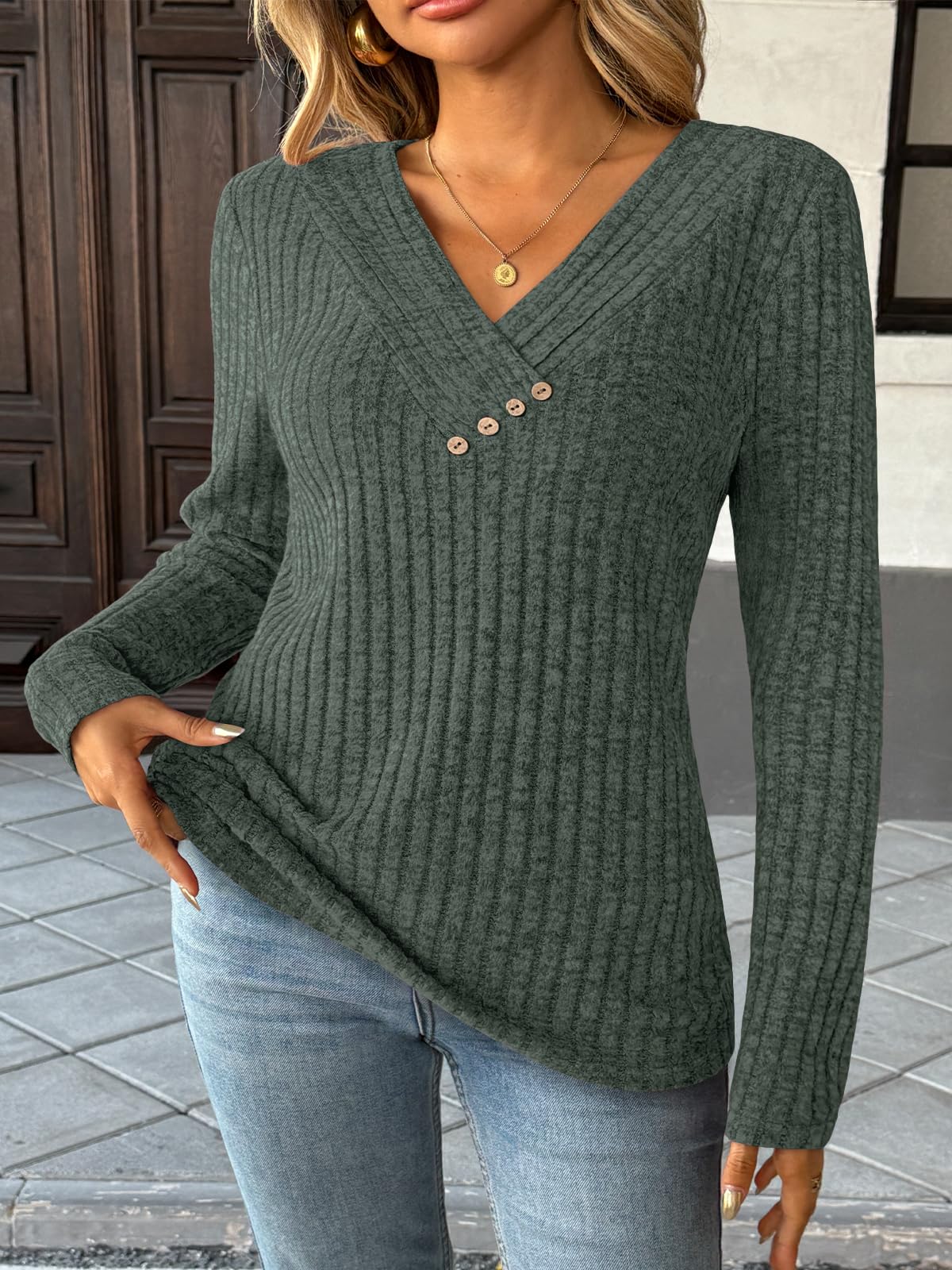 Women's Long Sleeve V Neck Tunic Tops - Dressy Casual Work Blouse Sweater