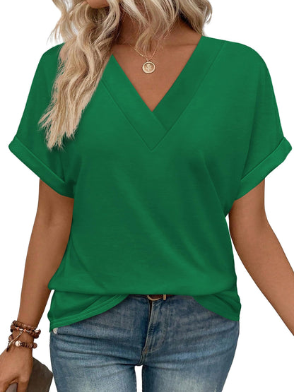 Womens Summer Tops V Neck Short Sleeve Shirts Casual Dolman Sleeve Fashion Blouse Green-2