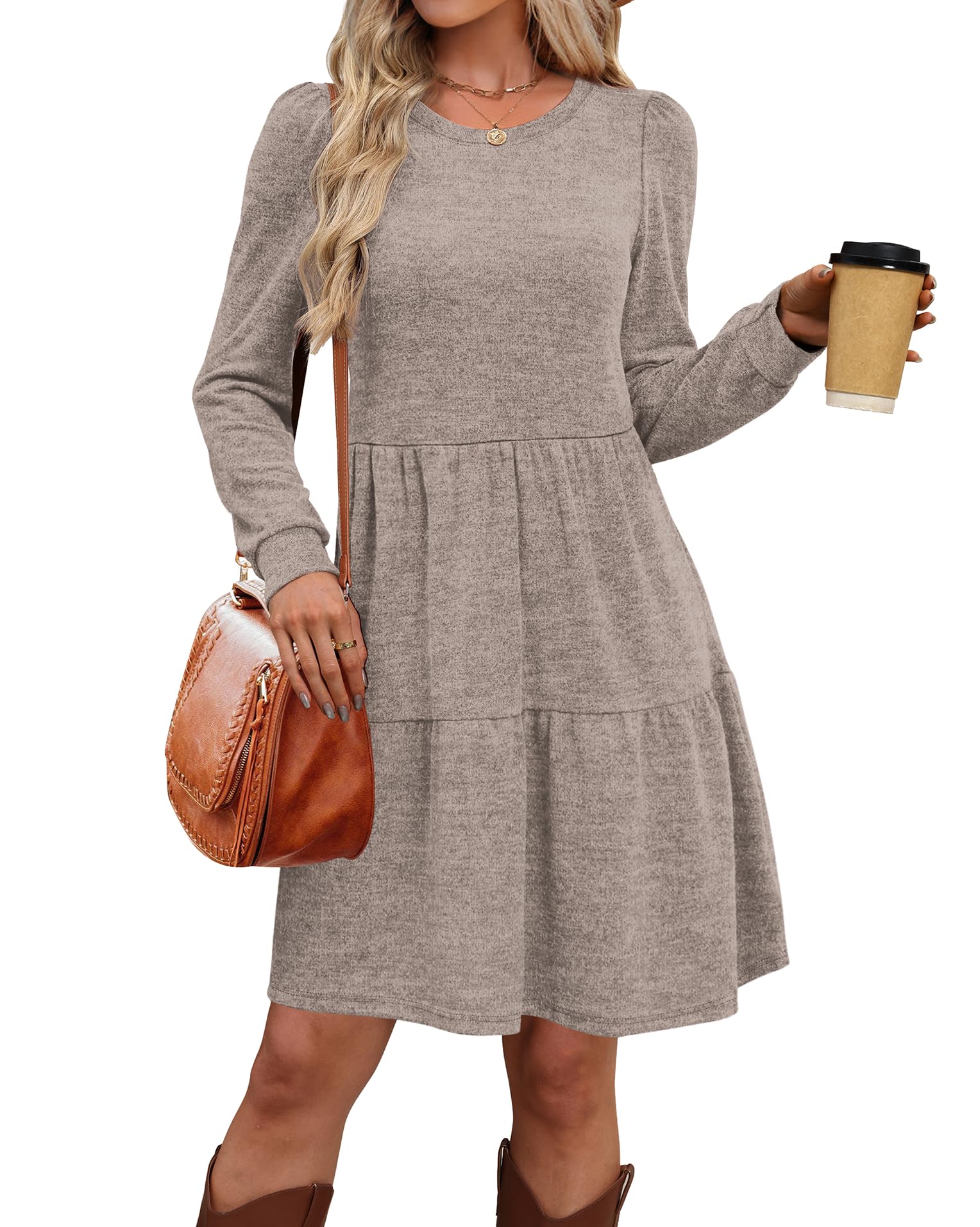 Women's Long Sleeve Fall Dresses with Pockets - Crew Neck Babydoll Casual Dress