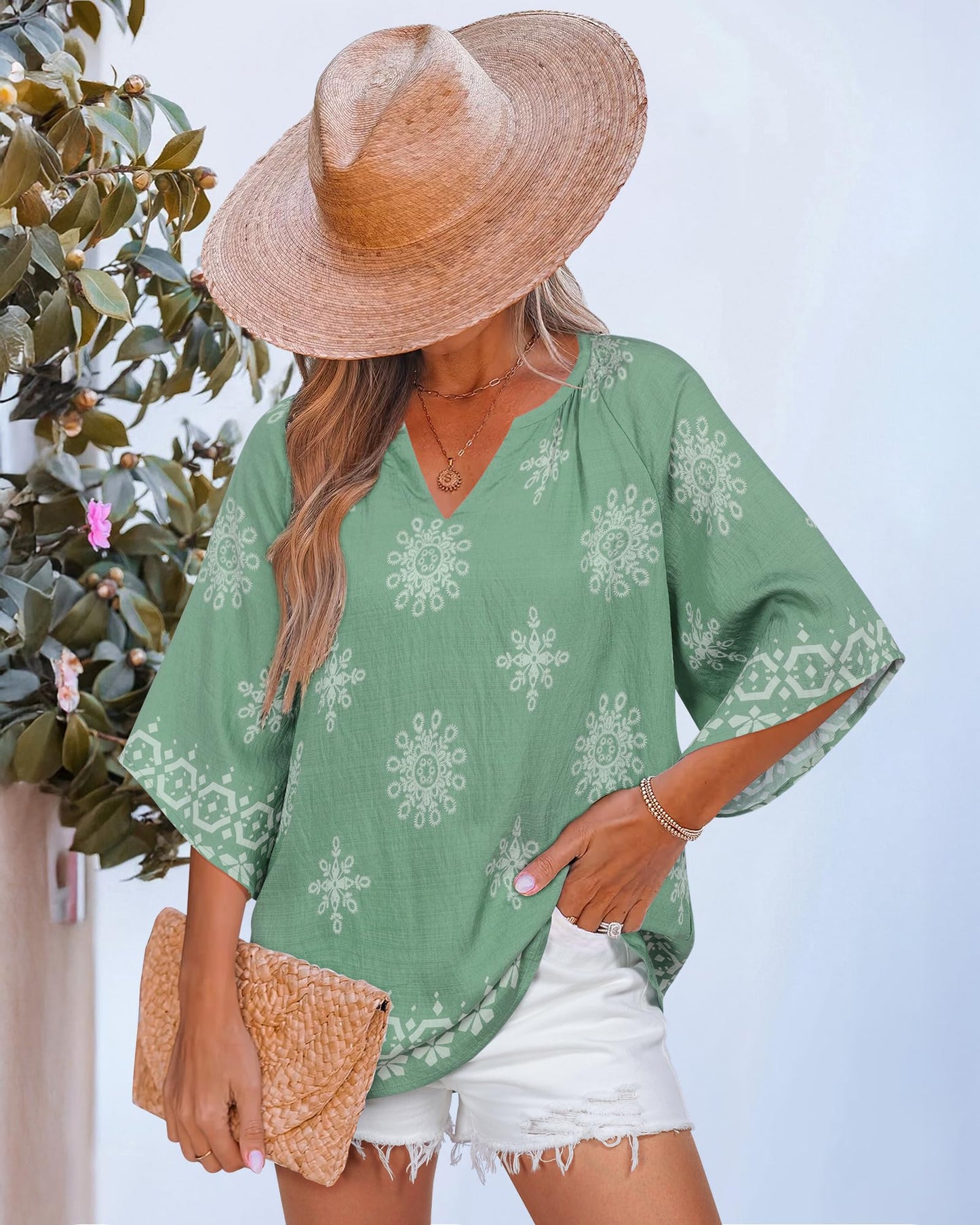 Big & Tall Clothing - Women's 3/4 Sleeve V-Neck Bohemian Peasant Blouse Loose Fit Tunic Top