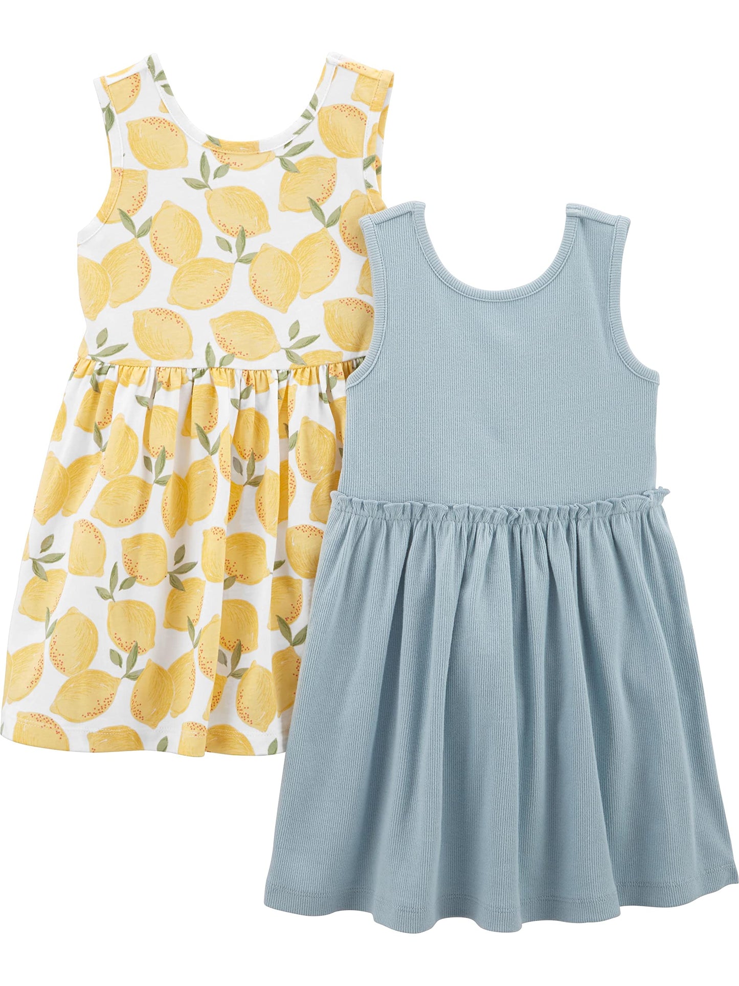 Girls Dress Set 2-Pack - Short Sleeve and Sleeveless Dresses Dusty Blue White Lemon