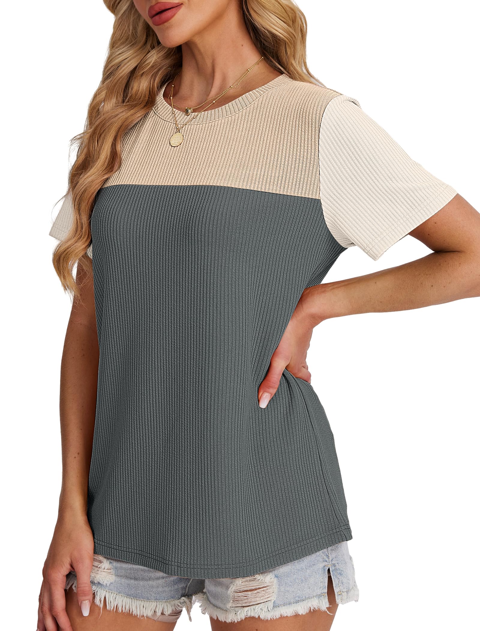 Women's Color Block Knit Shirt Short Sleeve Crewneck Top