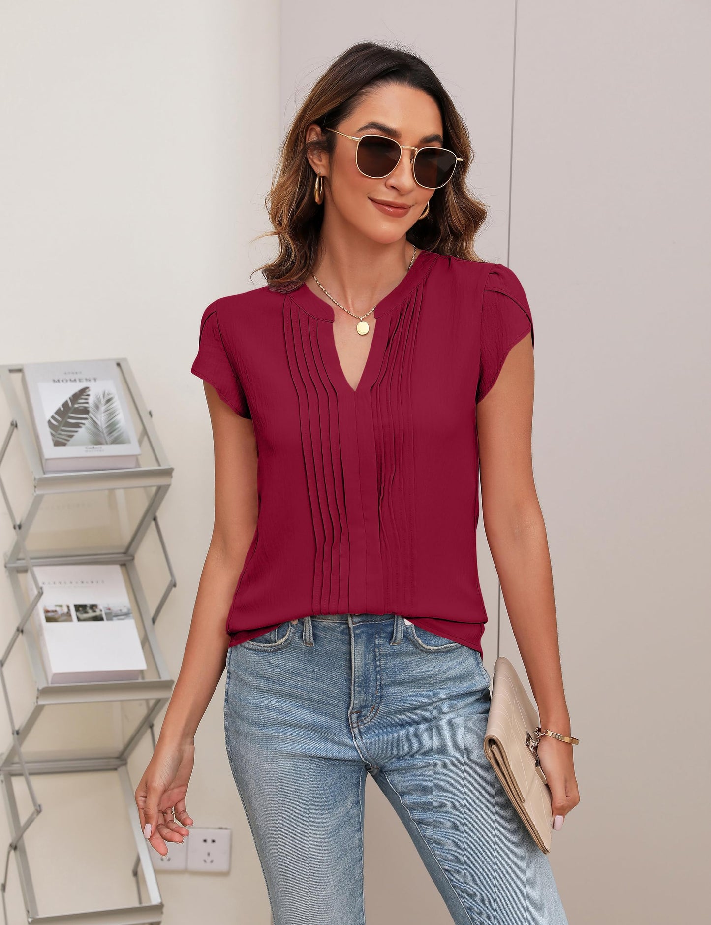 Beautiful Blouses For Ladies - Women's V-Neck Blouse with Pintuck Detail Short Petal Sleeve Business Top