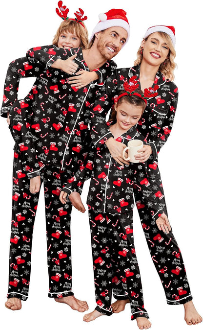 Christmas Family Matching Pajamas - Long Sleeve Button Down PJ Set Christmas Black