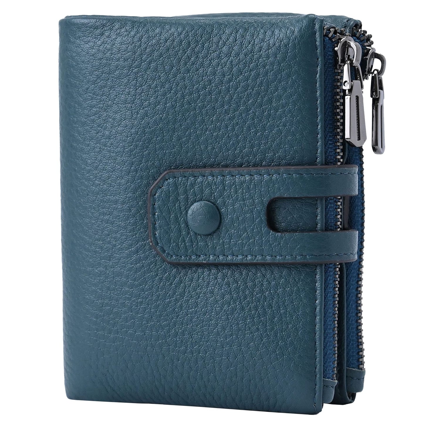 Women Leather Wallet - Small RFID Blocking Card Holder with Double Zipper Small Blue