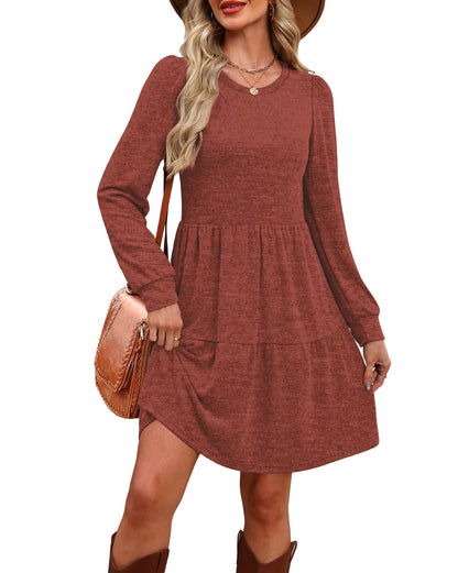 Women's Long Sleeve Fall Dresses with Pockets - Crew Neck Babydoll Casual Dress