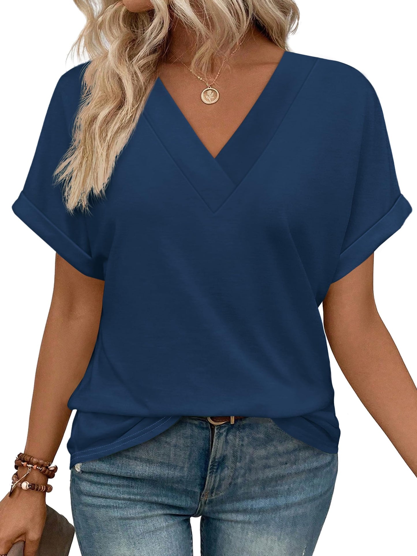 Womens Summer Tops V Neck Short Sleeve Shirts Casual Dolman Sleeve Fashion Blouse Navy