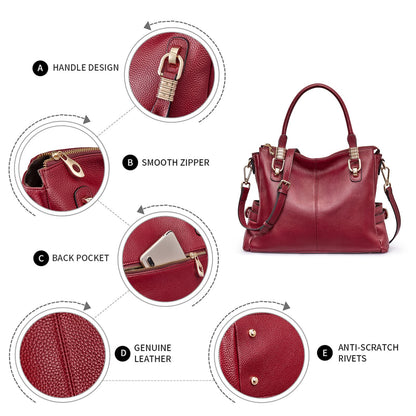 Women Genuine Leather Handbag - Soft Satchel Tote Shoulder Bag with Adjustable Strap