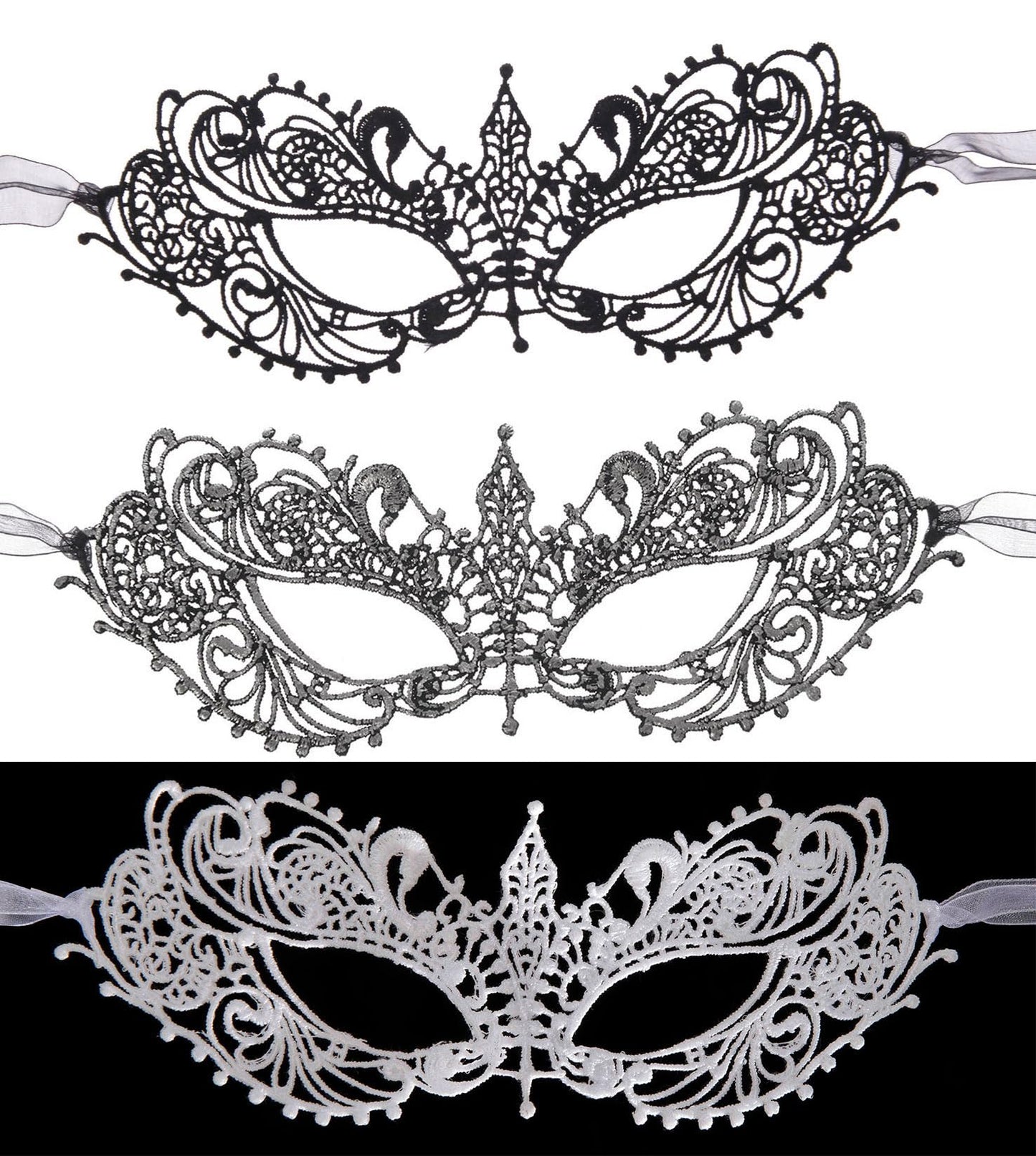 Vintage Venetian Masquerade Masks for Women - Classic Half Face Masks for Parties - 3 Piece Set Black Silver White