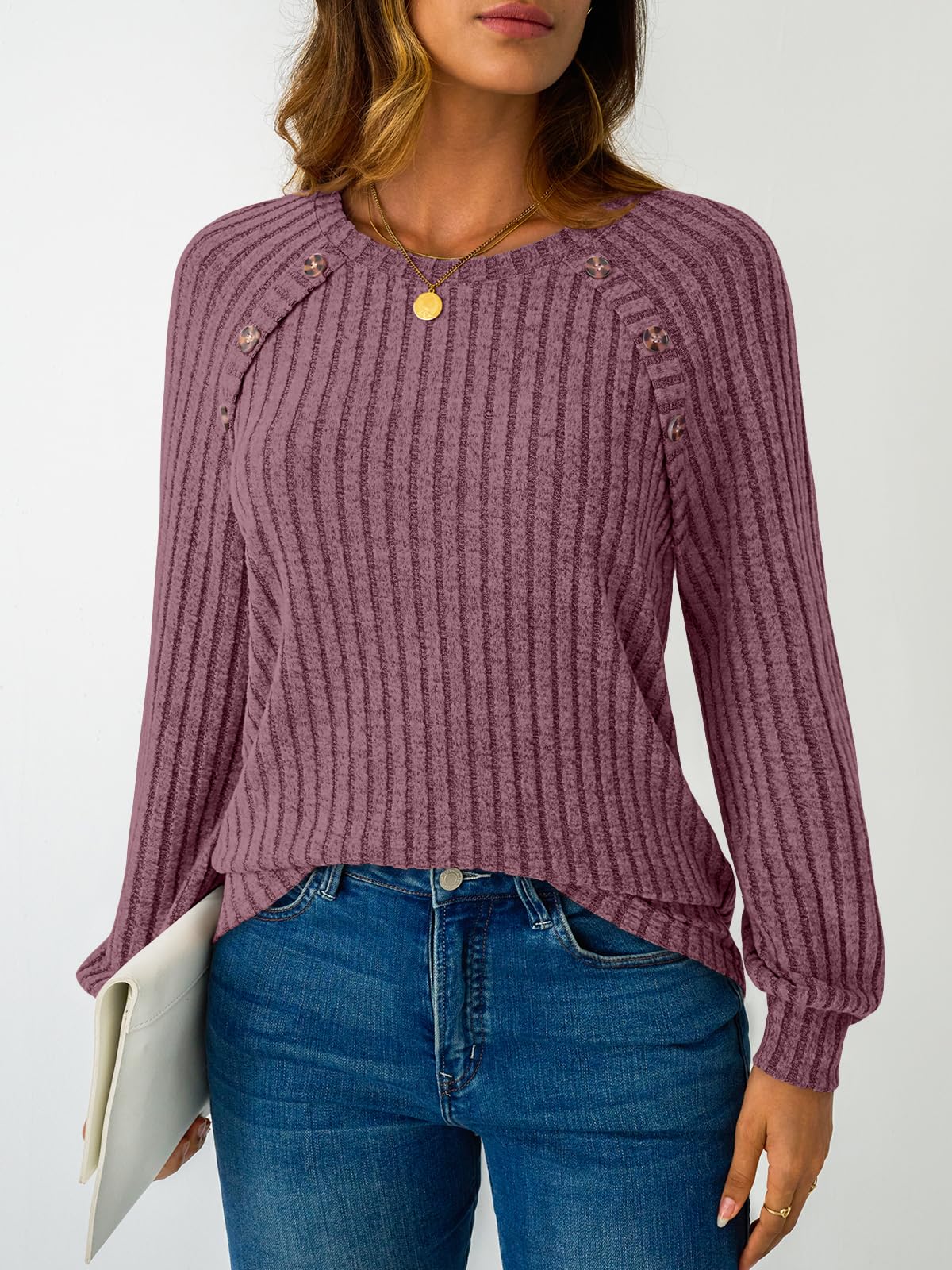 Women's Long Sleeve Tops - Fall Lightweight Sweaters with Shoulder Buttons
