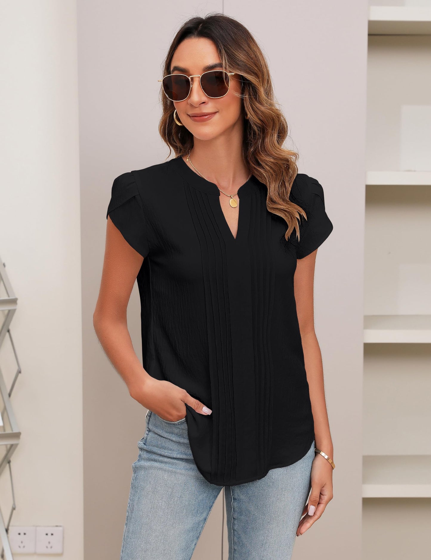 Beautiful Blouses For Ladies - Women's V-Neck Blouse with Pintuck Detail Short Petal Sleeve Business Top