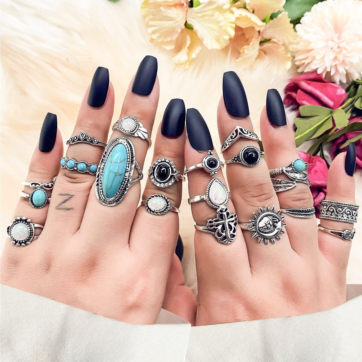 Vintage Silver Knuckle Rings Set 42 Pieces Adjustable Gothic Stackable Rings