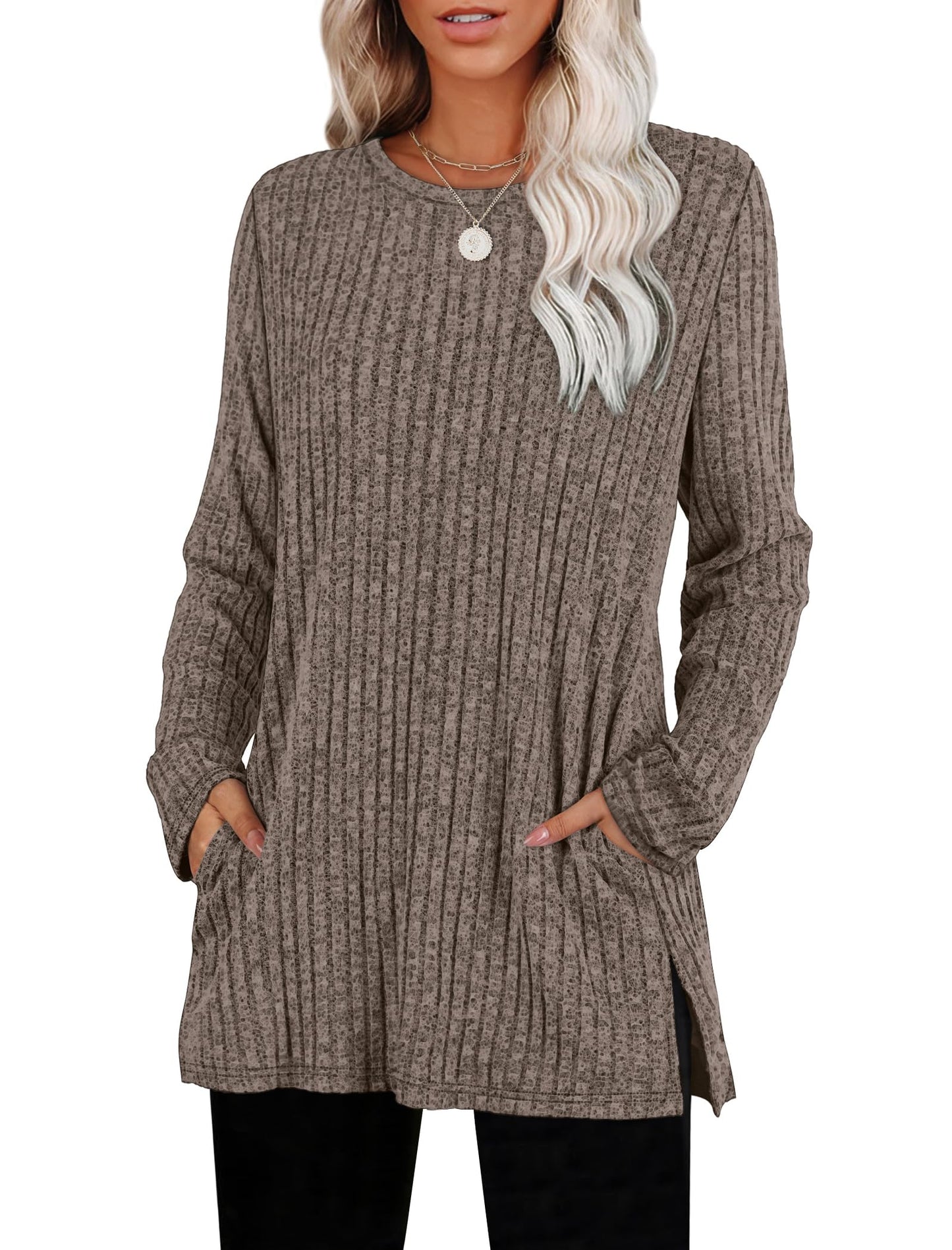 Women's Crewneck Sweater with Pockets - Long Sleeve Tunic Top with Side Slits