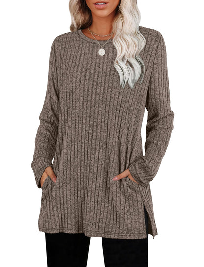 Women's Crewneck Sweater with Pockets - Long Sleeve Tunic Top with Side Slits Coffee
