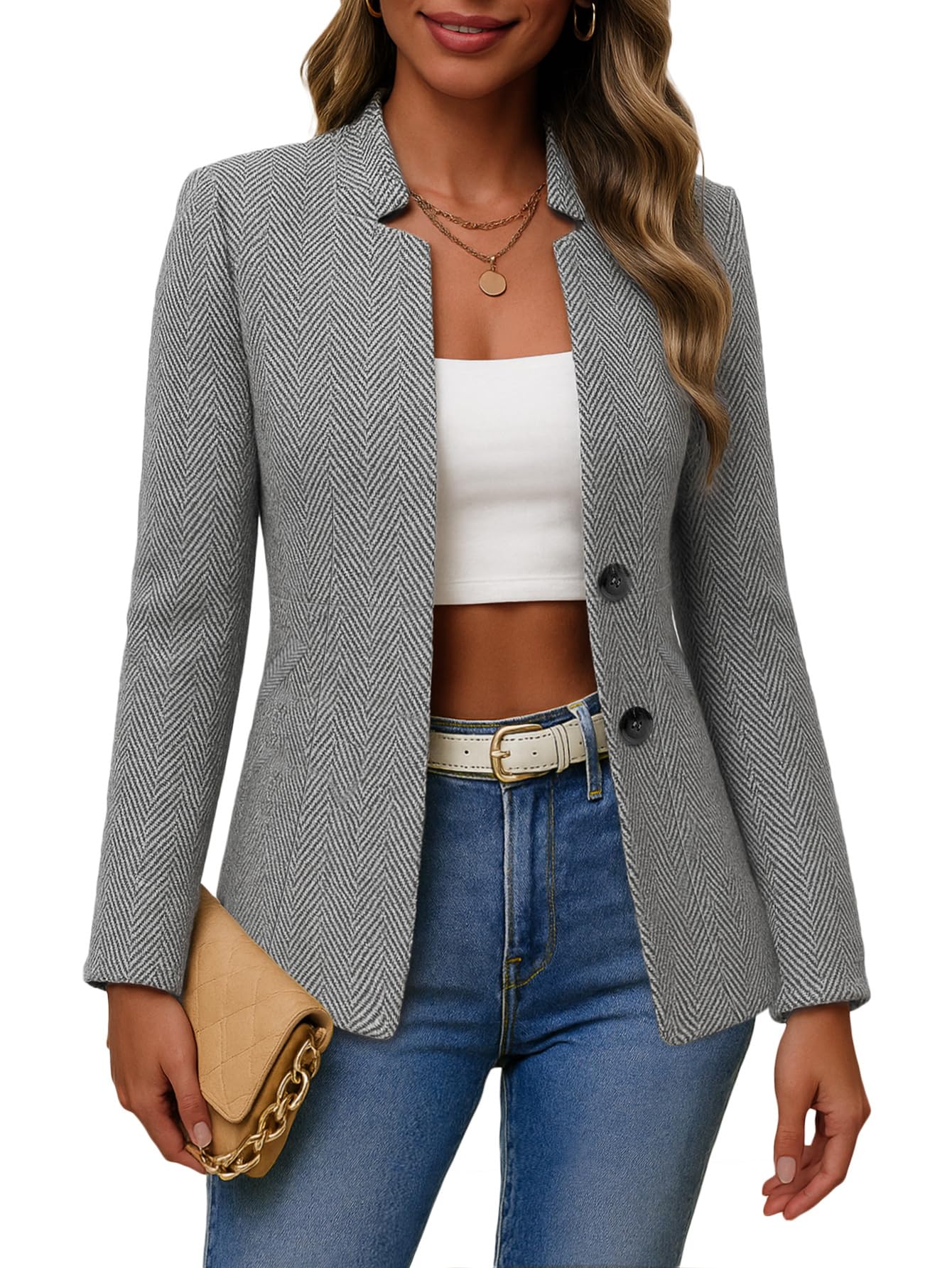 Women's Tweed Blazer Jacket - Open Front Stand Collar Professional Work Coat XX-Large Herringbone-grey