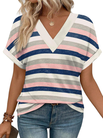 Womens Summer Tops V Neck Short Sleeve Shirts Casual Dolman Sleeve Fashion Blouse 2-striped - Pink