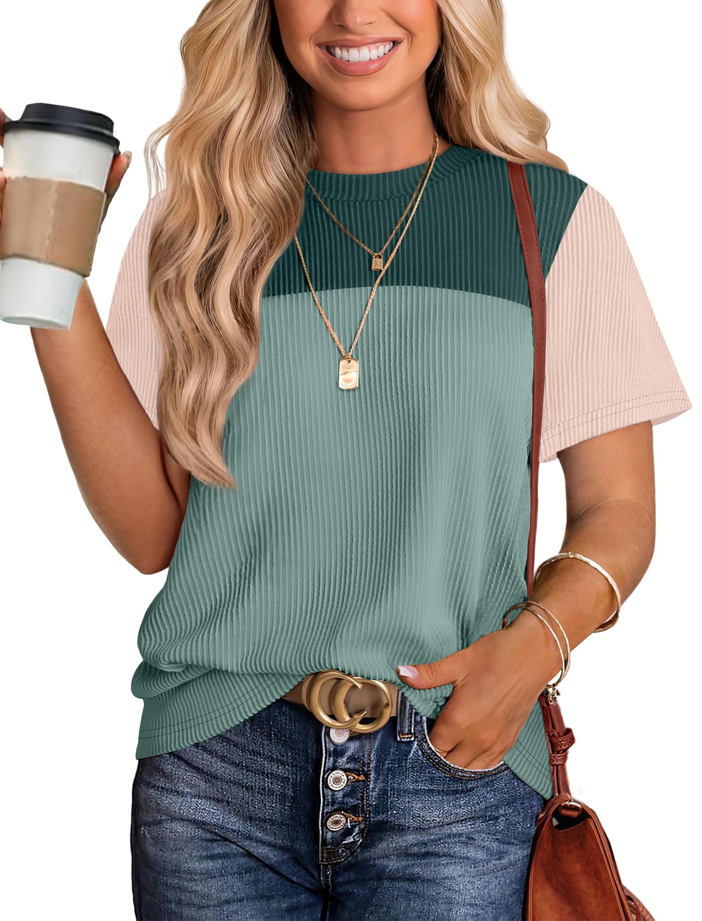 Women's Color Block Knit Shirt Short Sleeve Crewneck Top Beige Green