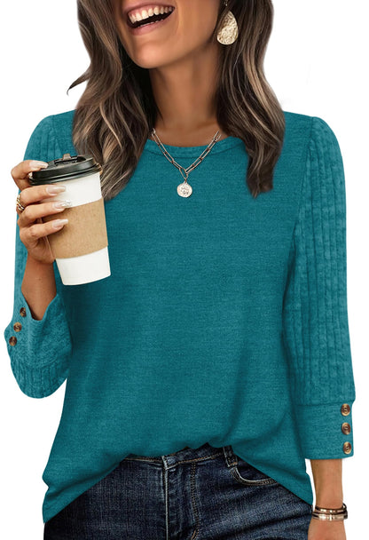 Women's Long Sleeve Shirts - Lightweight 3/4 Sleeve Sweaters with Buttons 05-teal Blue