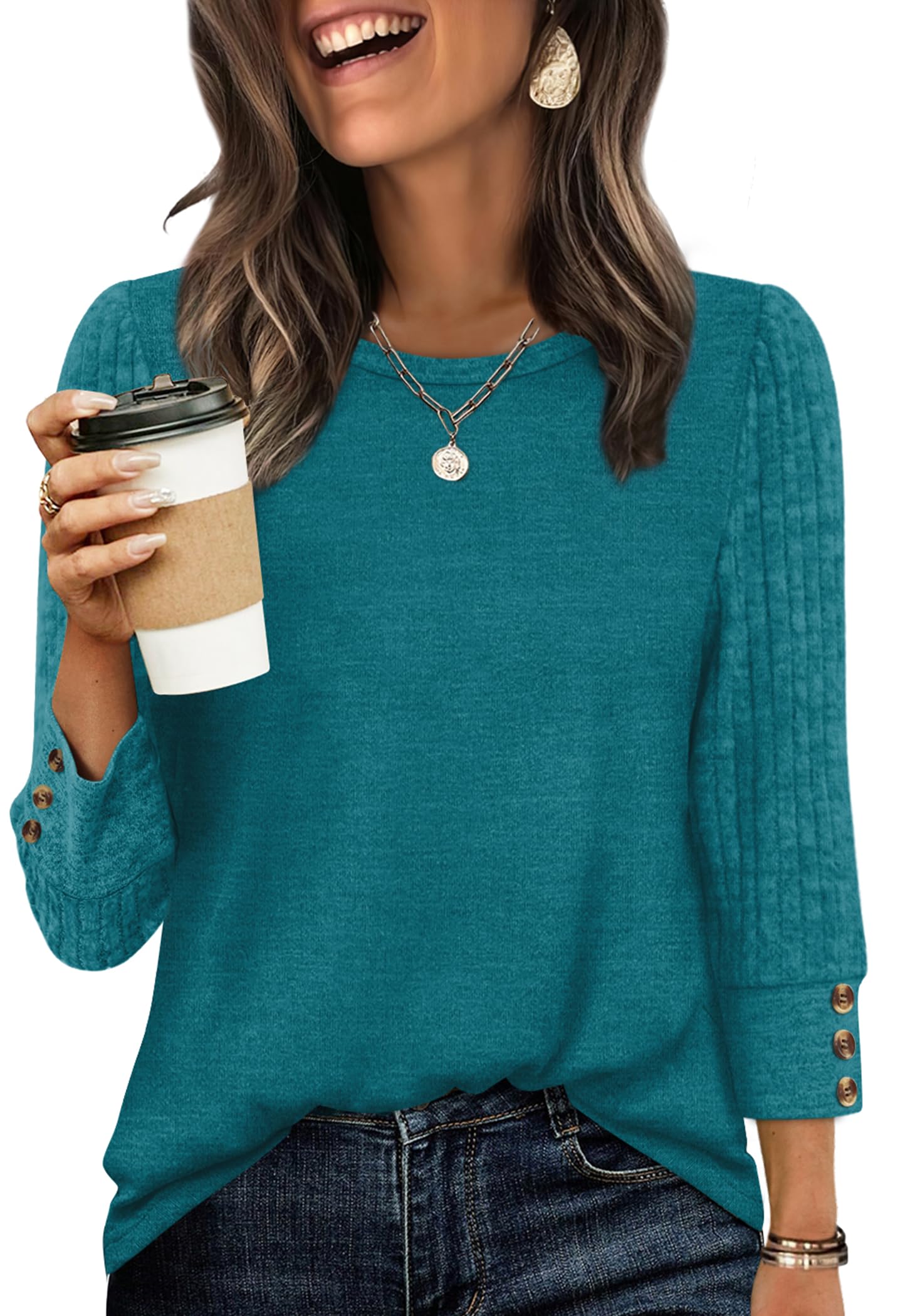 Women's Long Sleeve Shirts - Lightweight 3/4 Sleeve Sweaters with Buttons 05-teal Blue