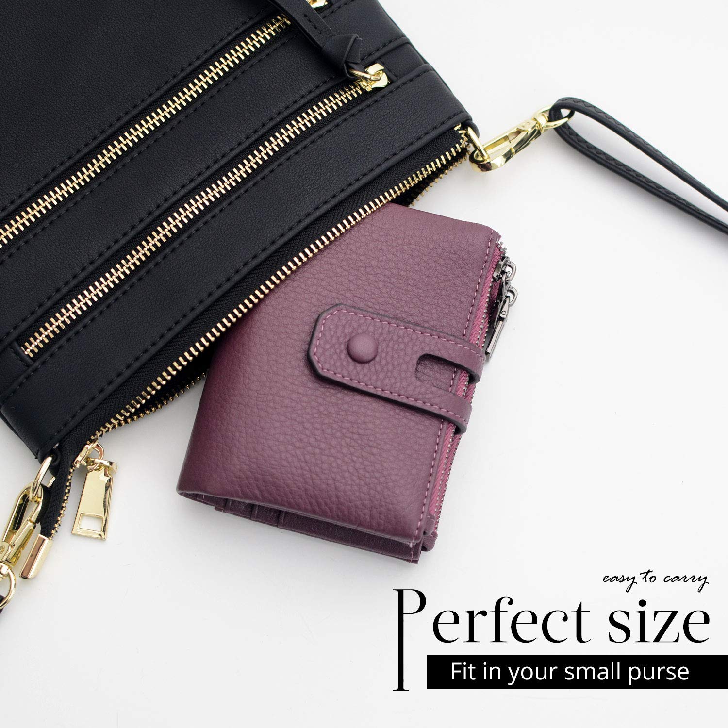 Women Leather Wallet - Small RFID Blocking Card Holder with Double Zipper