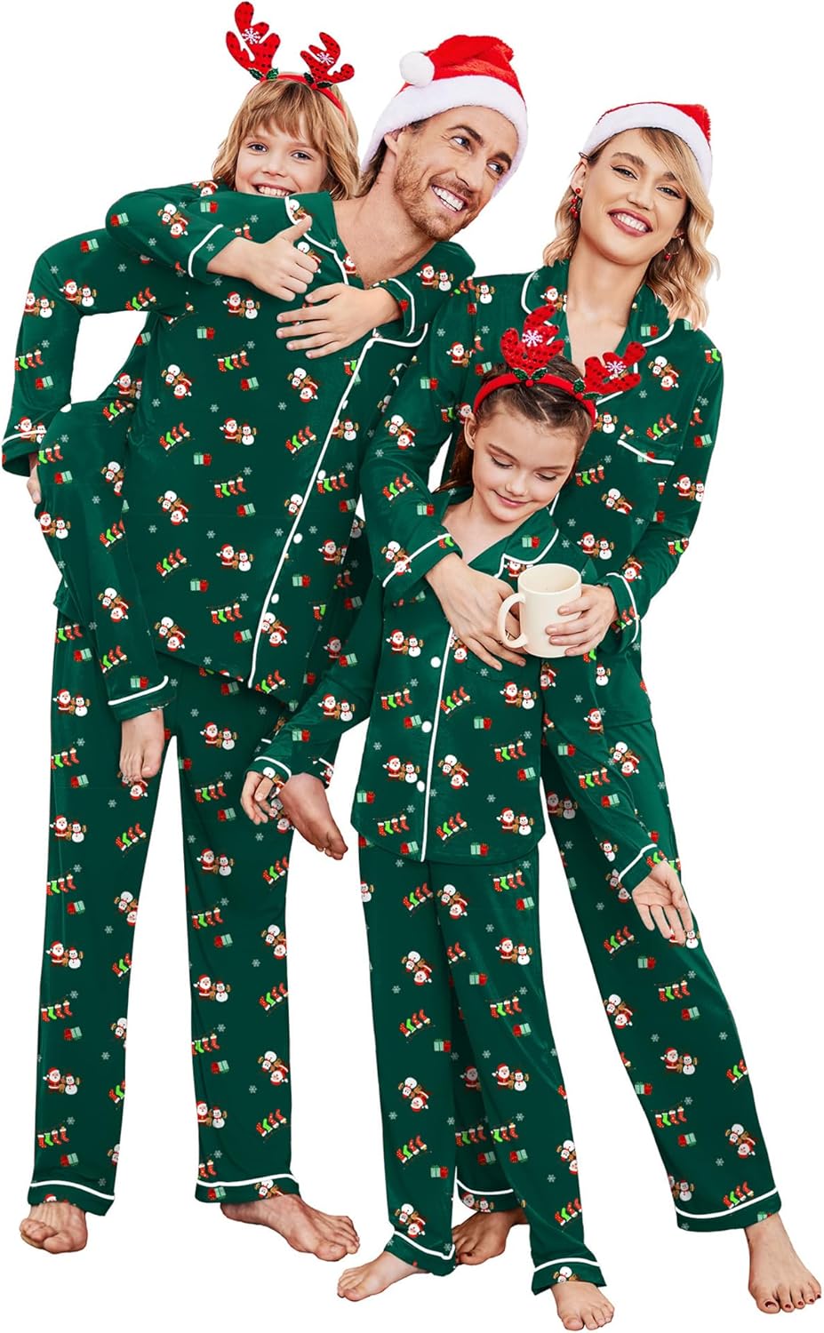 Christmas Family Matching Pajamas - Long Sleeve Button Down PJ Set Dark Green Cute Pattern