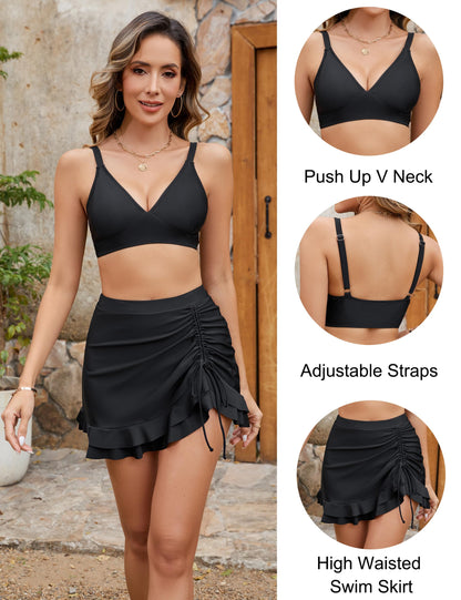 Women's High Waisted Bikini Set with Swim Skirt - Retro Gingham Tummy Control Swimsuit