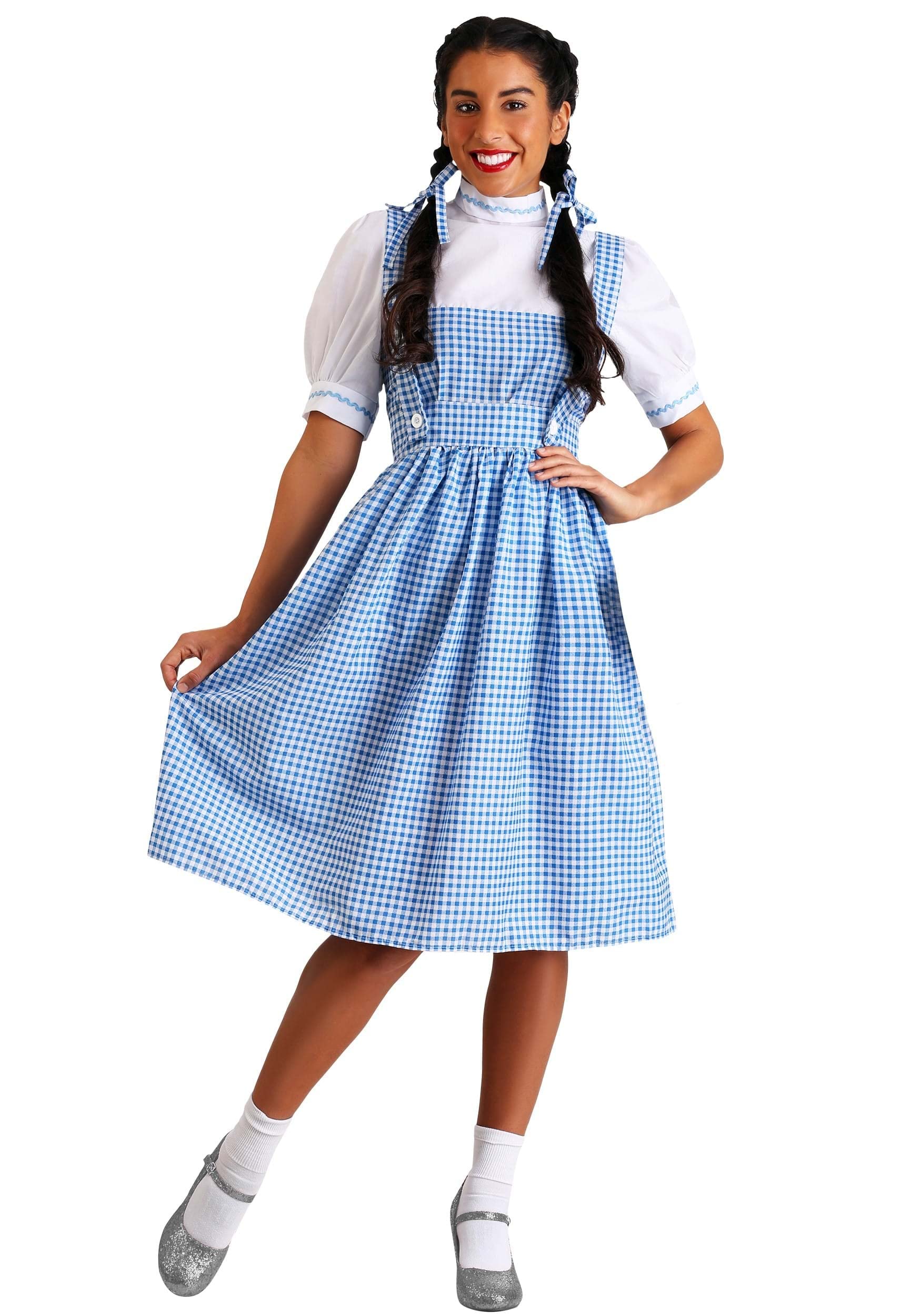 Dorothy Costume - Women's Blue Gingham Dress with White Blouse and Hair Ribbons Medium