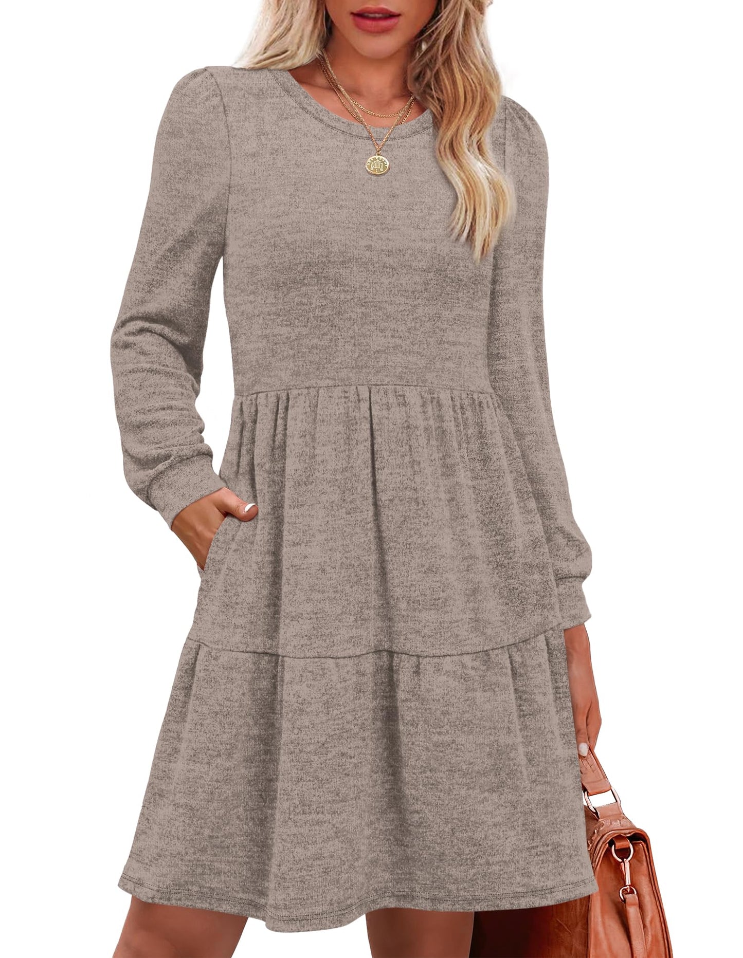 Women's Long Sleeve Fall Dresses with Pockets - Crew Neck Babydoll Casual Dress