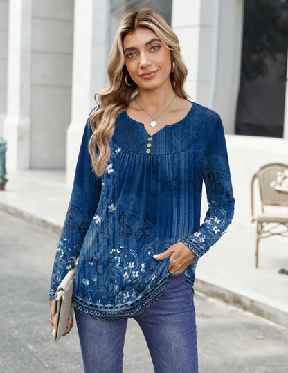 Women Long Sleeve V Neck Blouse - Casual Dressy Work Tunic Top with Pleated Detail 2025