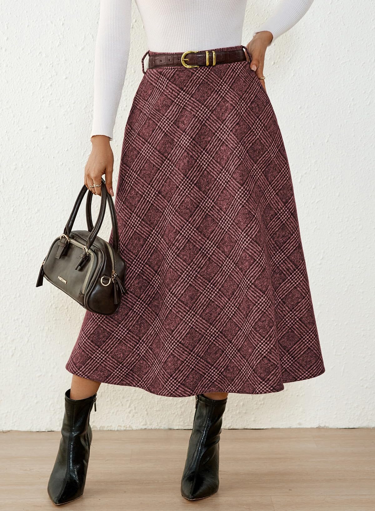 Women's Plaid Skirts - High Waist A-Line Midi Tartan Skirt with Pockets