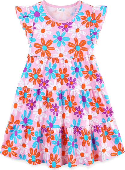 Girls Cotton Dress - Ruffle Sleeve Tiered A-Line Midi Sundress Flower Print