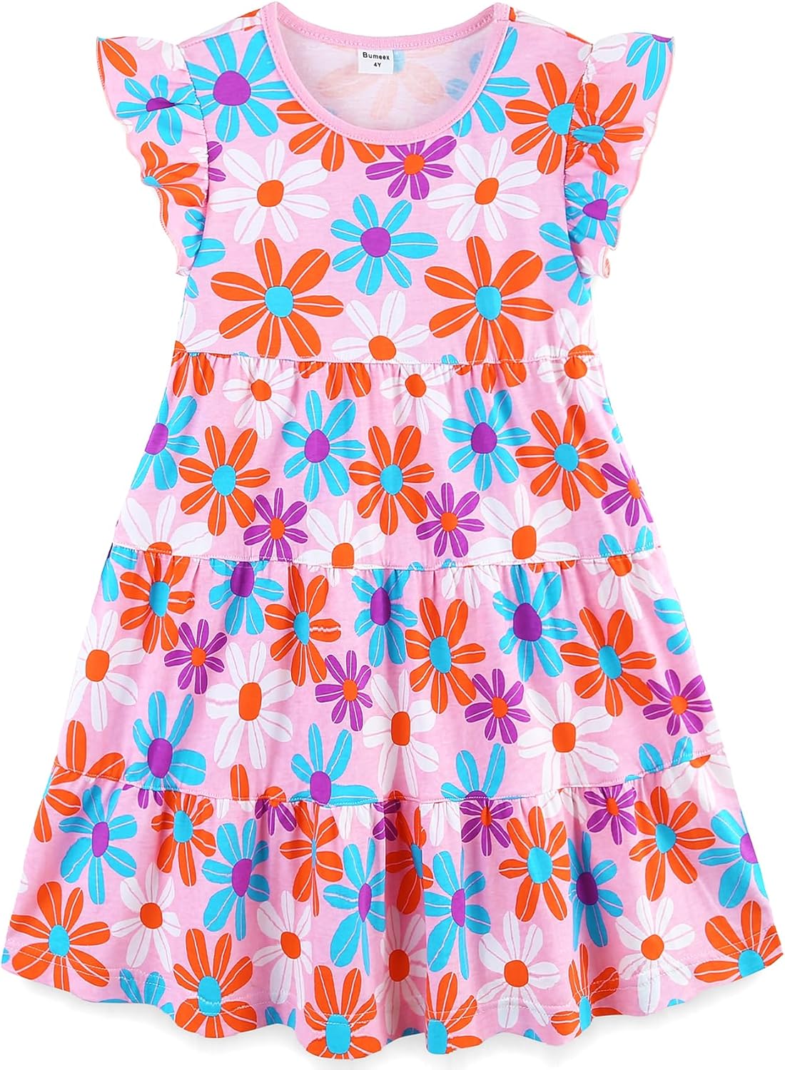 Girls Cotton Dress - Ruffle Sleeve Tiered A-Line Midi Sundress Flower Print