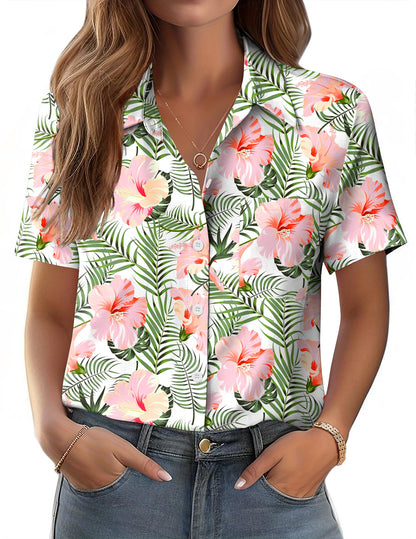 Polyester Blouse - Women's Button Down Shirt Short Sleeve Business Casual Blouse with Chest Pocket