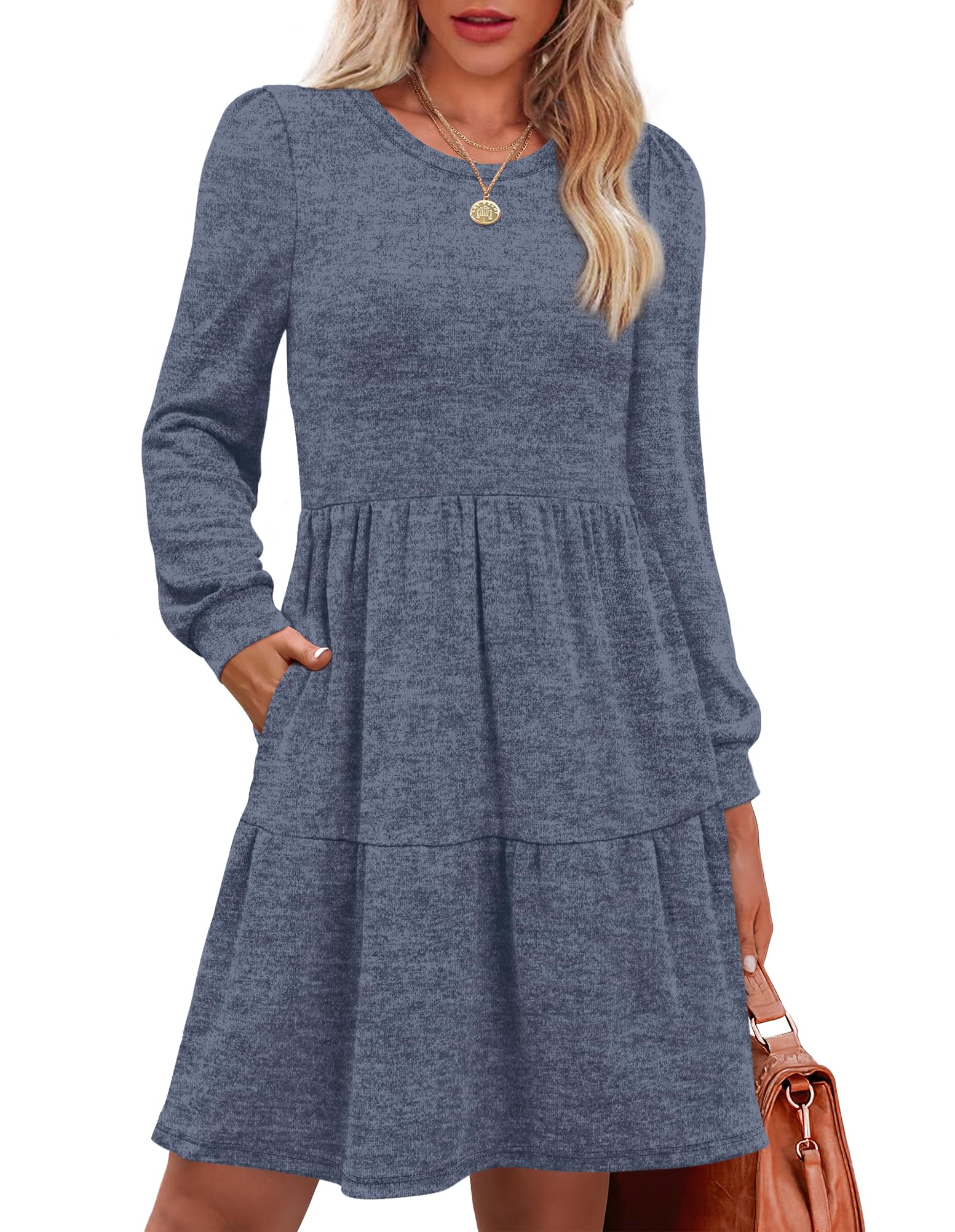 Women's Long Sleeve Fall Dresses with Pockets - Crew Neck Babydoll Casual Dress