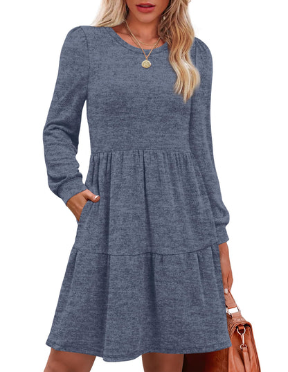 Women's Long Sleeve Fall Dresses with Pockets - Crew Neck Babydoll Casual Dress