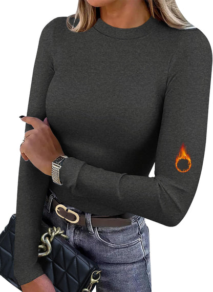 Women's Long Sleeve Thermal Shirt - Fleece Mock Neck Slim Fit Top Grey