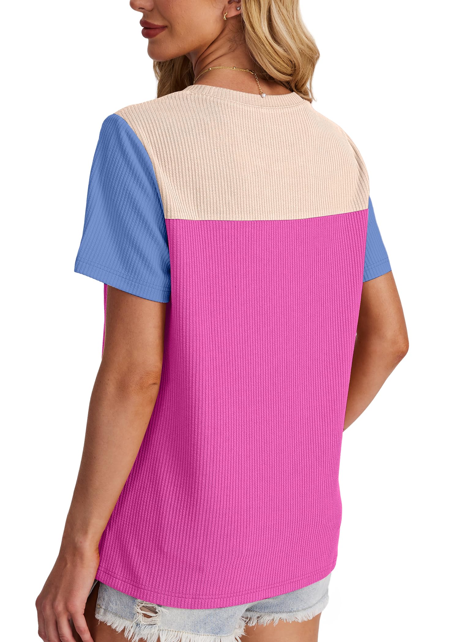 Women's Color Block Knit Shirt Short Sleeve Crewneck Top