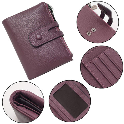 Women Leather Wallet - Small RFID Blocking Card Holder with Double Zipper