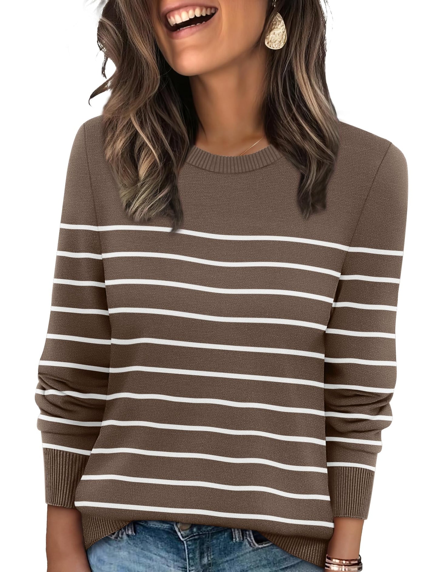 Women's Lightweight Sweaters - Long Sleeve Crewneck Pullover Tops S-chocolate Brown+white Striped