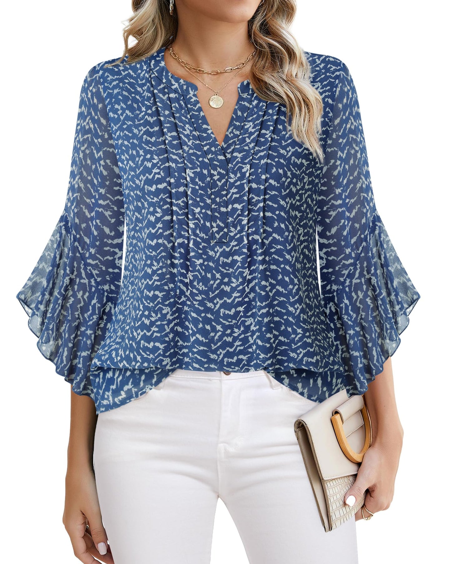 Beautiful Blouses For Ladies - Women's 3/4 Sleeve Chiffon Blouse Dressy Business Casual Work Shirt Blue Floral