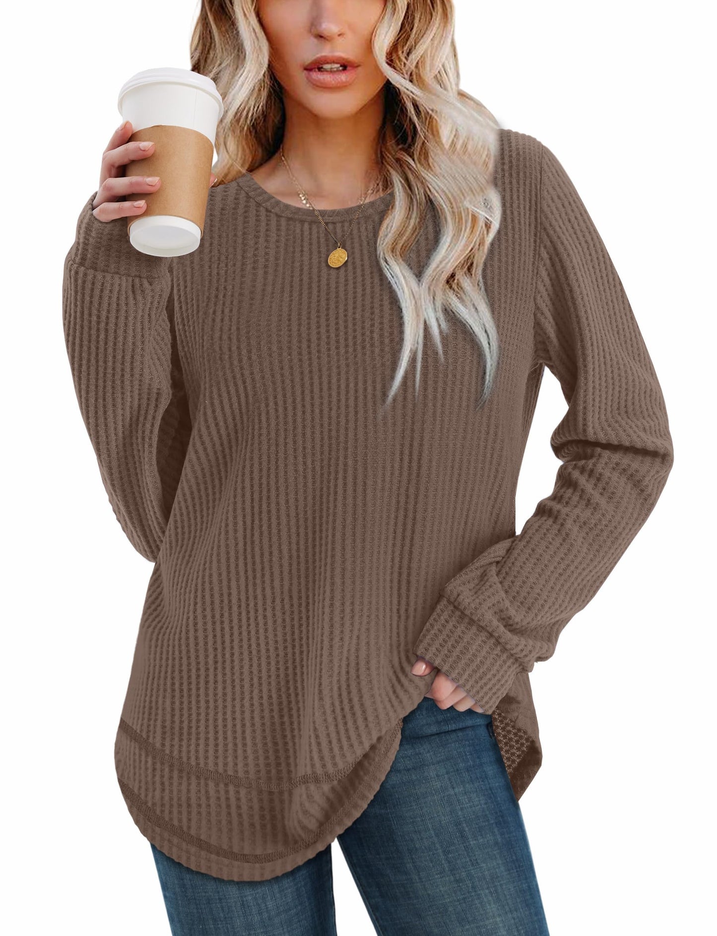 Women's Tunic Tops - Loose Fit Waffle Knit Long Sleeve Crewneck Sweaters