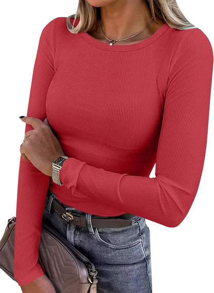 Women's Long Sleeve Rib Knit Shirt Slim Fit Crew Neck Basic Tee Small Red